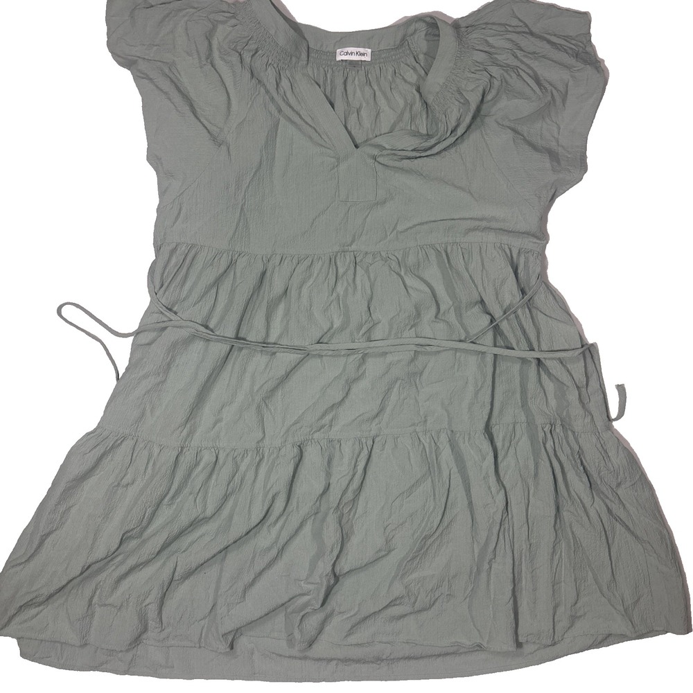 Calvin Klein Sage Green boho beach tiered crinkle tiered dress sz 16